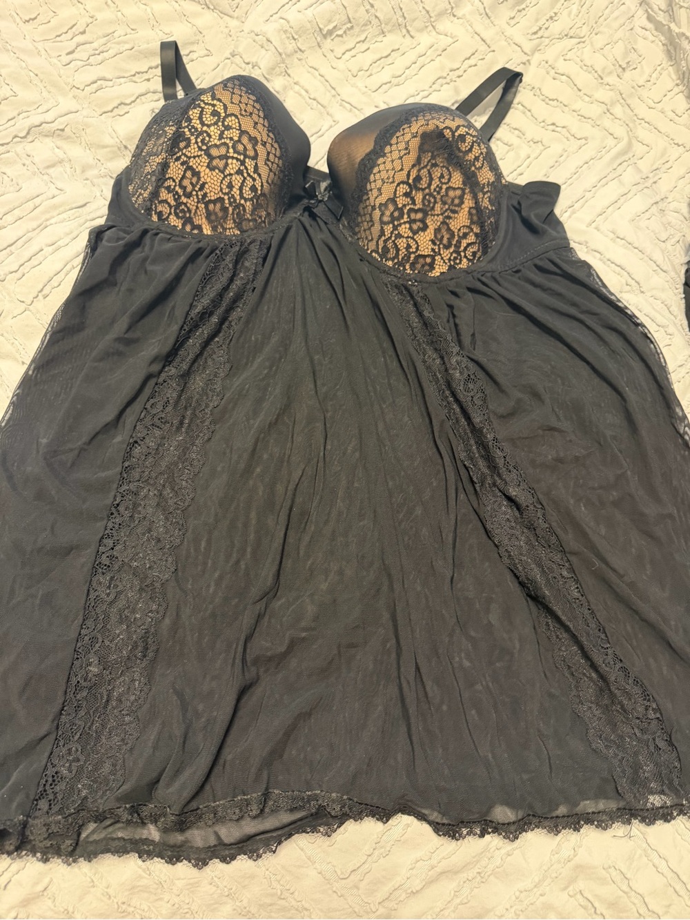 Olga Black Lace-Trim Chemise with Sheer Cups